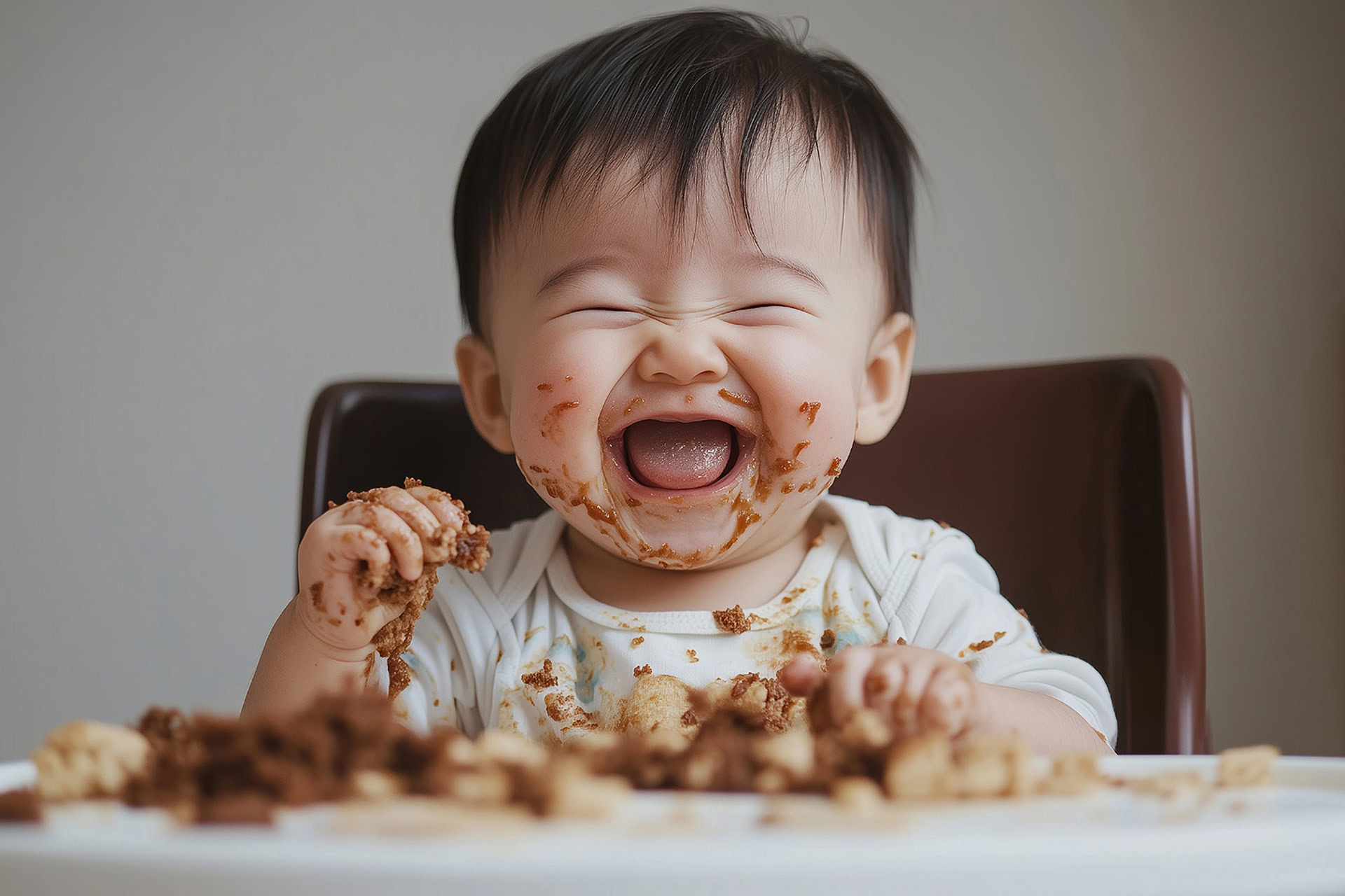 joyful baby boy asian descent feeding himself independently high chair creating mess with room