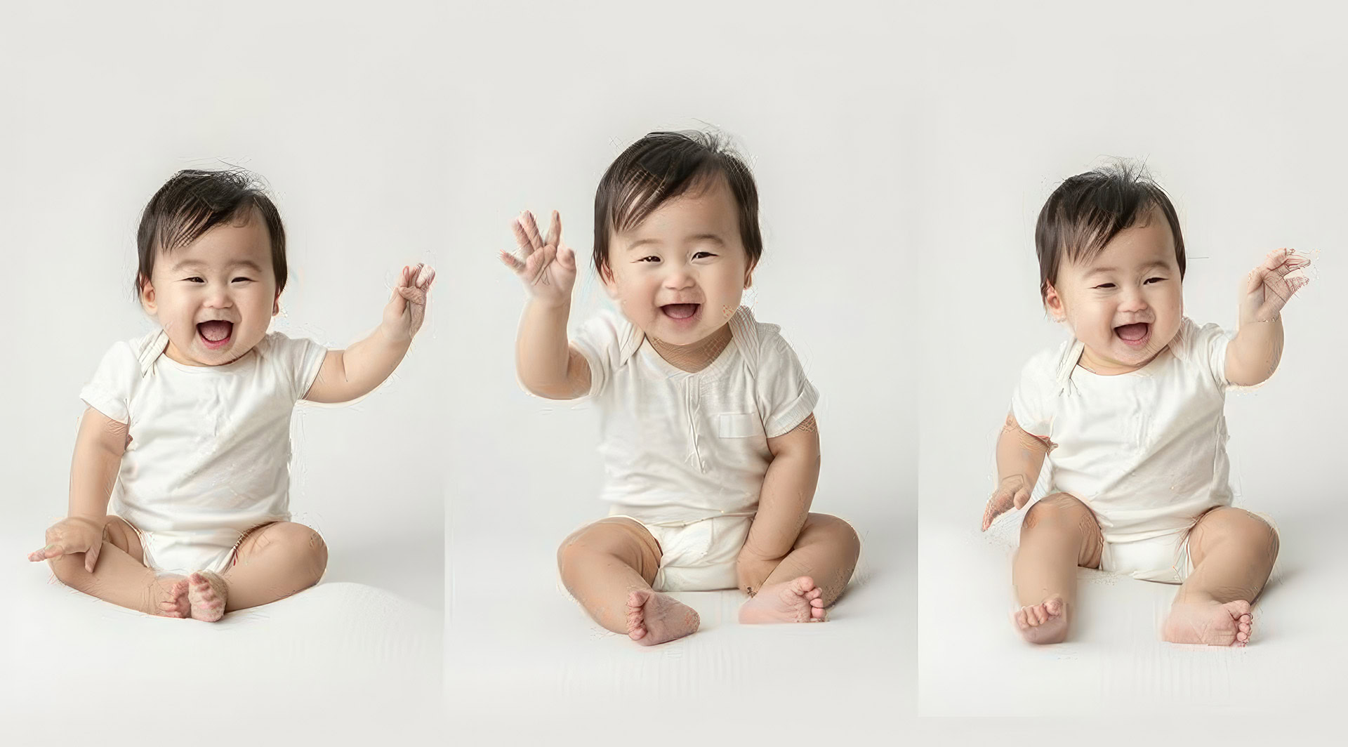 cute asian baby shown three views smiling pointing something front him wearing white short sleeves shorts fullbody portrait with white background