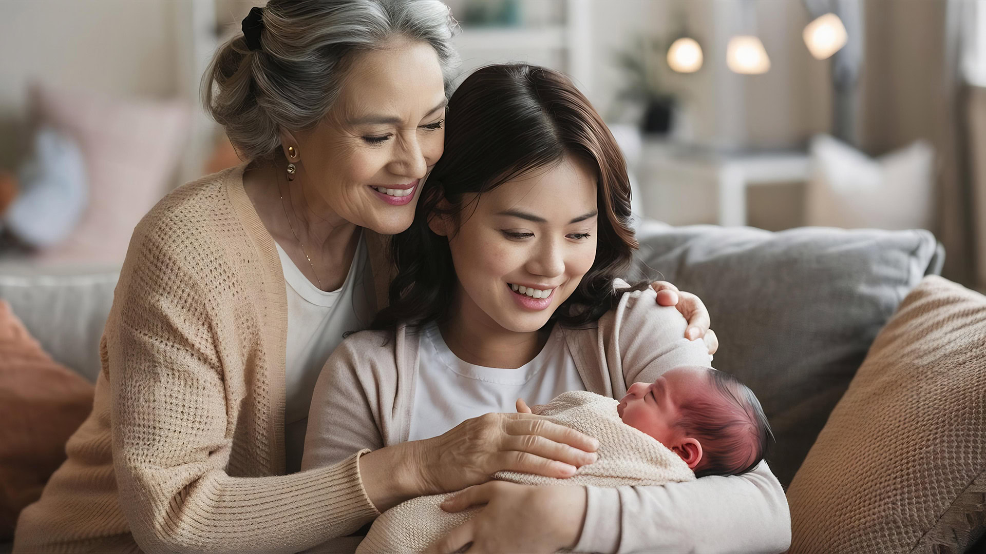 mature woman comforting adult daughter with baby